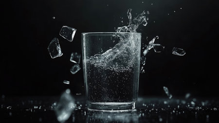 A captivating high-speed capture of water splashing into a glass, surrounded by ice. This image conveys freshness and refreshment, perfect for beverage-related themes.の素材