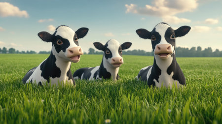 Three cheerful Dutch cows enjoy a sunny day in a lush green pasture. Their playful expressions radiate joy, highlighting the beauty of rural life.の素材