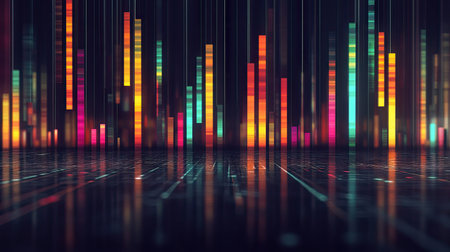 A vibrant and colorful digital soundwave background, featuring bright vertical bars. Ideal for creative projects, media production, and modern design applications.の素材