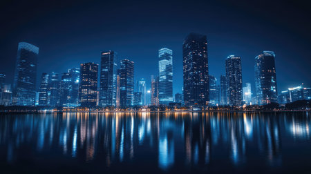 A stunning view of a modern city skyline at night, showcasing illuminated skyscrapers reflecting on calm waters. The vibrant blue hues create a serene atmosphere, perfect for urban exploration.の素材