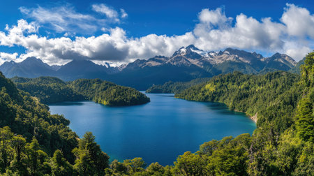Discover a breathtaking view of a serene lake surrounded by majestic mountains and vibrant greenery. This picturesque landscape offers tranquility and natural beauty.の素材