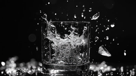A mesmerizing capture of water splashing in a crystal glass, showcasing intricate details of droplets and ice against a dramatic black and white backdrop.の素材