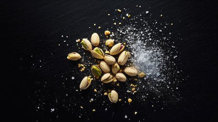 A close-up view of salted pistachios scattered on a dark background, complemented by flakes of sea salt. Perfect for food photography and healthy snack concepts.の素材