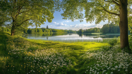 A beautiful lake scene featuring vibrant greenery, colorful flowers, and a clear blue sky, perfect for capturing the tranquility of nature.の素材