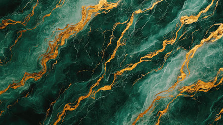 This elegant abstract background features a mesmerizing blend of green and gold hues, showcasing a fluid marble design perfect for art and decoration projects.の素材