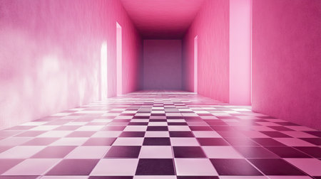 A bright pink hallway featuring a checkerboard floor and illuminated doors, creating a modern and minimalistic atmosphere perfect for artistic projects.の素材