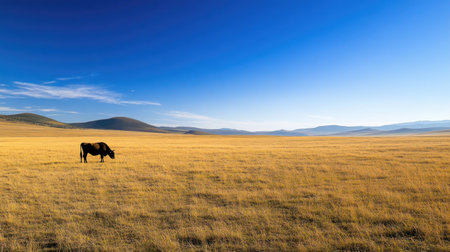 A peaceful scene showcasing a solitary cow grazing in a vast, golden grassland under a clear blue sky. This serene landscape captures the essence of rural tranquility.の素材