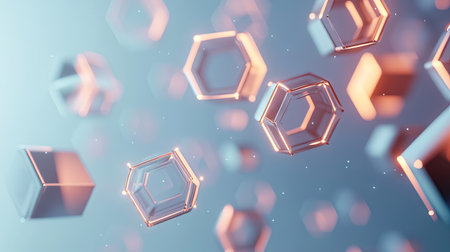Abstract image of floating geometric shapes featuring hexagons and cubes with light reflections. Ideal for modern design projects and backgrounds.の素材