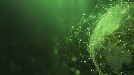This green abstract background features a digital globe and interconnected lines, symbolizing technology and environmental themes, perfect for various projects.の素材