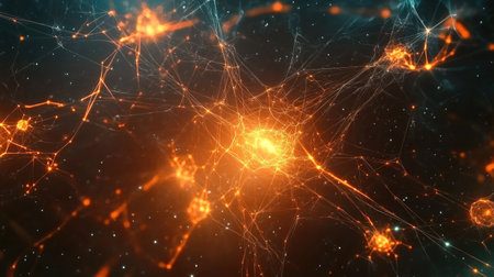 This vibrant abstract image showcases a network of glowing neurons and connections, symbolizing the complexity and beauty of technology and biology in motion.の素材