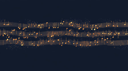Beautiful golden musical notes dance across a dark background, creating an energetic and artistic representation of rhythm and melody. Perfect for music enthusiasts.の素材