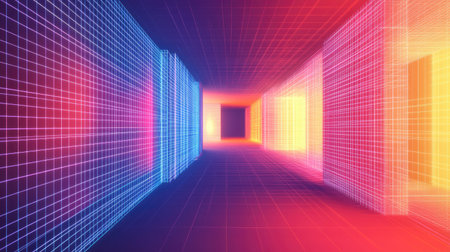 Experience a captivating digital hallway illuminated with vibrant neon lights and grid patterns, creating a unique sci-fi atmosphere and illusion of depth.の素材