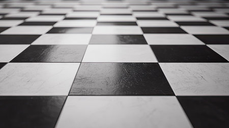 A close-up view of a black and white checkerboard floor texture with polished tiles. Ideal for interior design, gaming, or artistic projects showcasing contrast and elegance.の素材