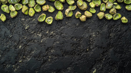 This image showcases fresh green pistachios spread across a dark, textured background, highlighting their vibrant color and natural beauty. Ideal for food-related projects.の素材