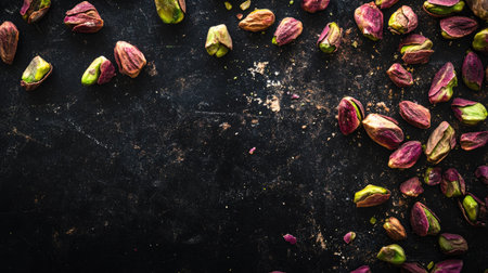 A captivating view of colorful pistachios scattered on a dark surface, perfect for illustrating natural snacks or healthy food concepts.の素材