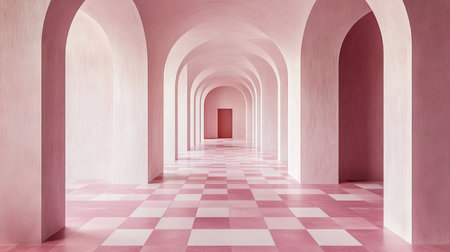 A stunning pink hallway featuring elegant arches and a patterned floor. The minimalist design creates a serene atmosphere perfect for modern aesthetics.の素材