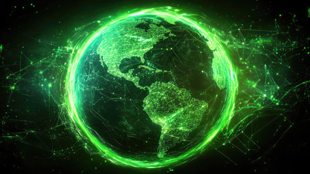Vibrant green digital globe showcasing network connections, symbolizing technology and communication. Ideal for themes of innovation and global connectivity.の素材