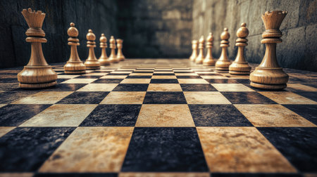 A dramatic view of a wooden chess board with pieces set for play, capturing the essence of strategy and competition in a captivating light.の素材
