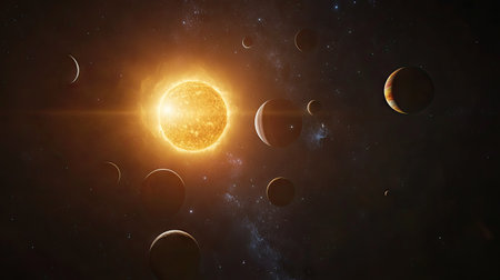 A stunning digital art representation of a solar system model, showcasing numerous planets orbiting a bright star against a cosmic backdrop. Perfect for educational use!の素材