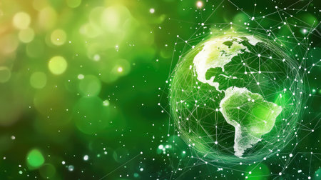 This green Earth vector illustration features a digital network design, showcasing a connected globe. Ideal for themes of nature, technology, and ecology.の素材