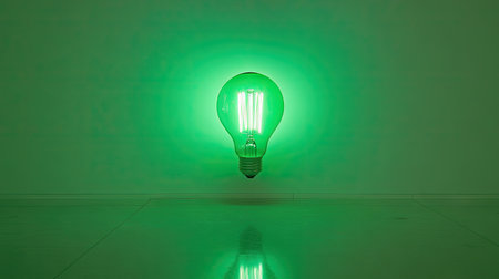 A striking green light bulb illuminates a minimalist space, creating a vibrant and modern atmosphere. Ideal for showcasing innovation or eco-friendly design.の素材