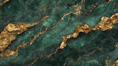 A stunning abstract marble texture featuring deep green tones intertwined with striking gold veins. Perfect for elegant designs and luxurious backgrounds.の素材
