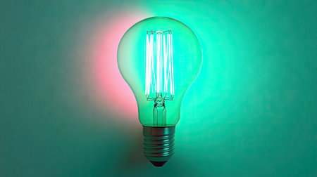 A glowing light bulb radiates neon colors in a minimal design. Perfect for concepts of illumination, creativity, and modern decor, this image conveys a vibrant atmosphere.の素材