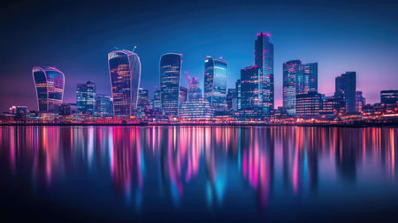A mesmerizing night view of a modern city skyline, featuring vibrant lights and reflections on the water, showcasing urban architecture and tranquility.の素材