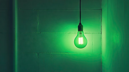 A single green light bulb brightly illuminates a textured wall, creating a striking contrast and a modern, artistic atmosphere in any interior space.の素材