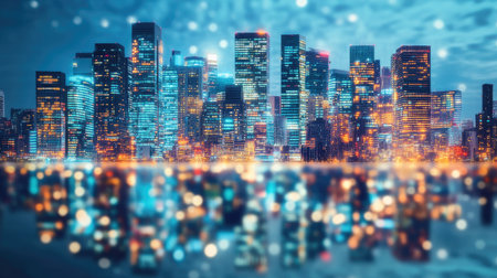 Captivating night view of a vibrant city skyline reflecting in water, showcasing illuminated buildings and a blend of colors for a serene urban landscape.の素材