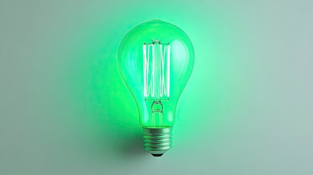 A vibrant green LED light bulb illuminated against a soft background. This modern design emphasizes energy efficiency and aesthetics, perfect for creative projects.の素材
