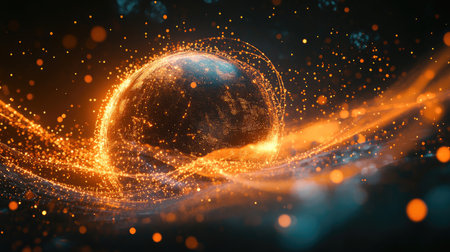 A stunning visual of a glowing planet surrounded by vibrant energy and swirling particles. This abstract scene captures the essence of cosmic beauty and motion.の素材