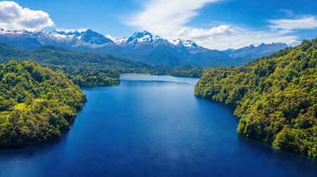 A stunning aerial view of a serene lake nestled among green mountains. The vibrant blue water reflects the beautiful sky, creating a peaceful landscape ideal for nature lovers.の素材