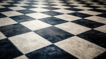 A detailed close-up of a checkerboard floor featuring alternating black and white tiles with a textured surface and soft shadows creating depth.の素材