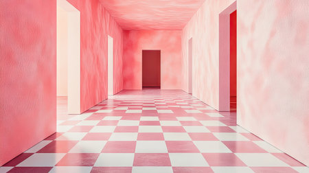 A bright pink hallway featuring a checkerboard floor and playful geometric patterns. This modern design creates a warm and inviting atmosphere.の素材