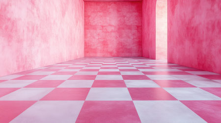 A vibrant pink checkerboard room with soft textures and an inviting atmosphere. Perfect for creative projects and modern design inspirations.の素材