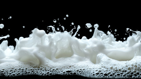 Dynamic splash of white foam against a black background, capturing the essence of fluid movement and freshness. Perfect for beverage and hygiene themes.の素材