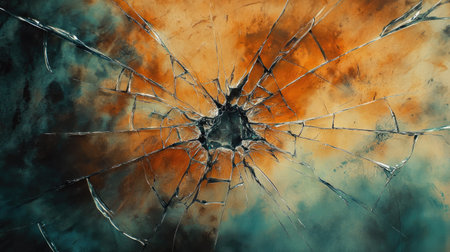 Abstract artwork featuring a shattered glass effect with a blend of orange and blue hues. Ideal for backgrounds, textures, and creative projects.の素材