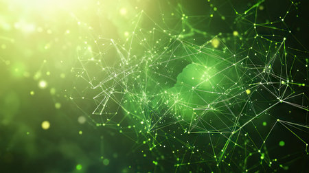 This abstract green digital network background features intricate lines and glowing elements, representing technology and connectivity in a vibrant, futuristic design.の素材