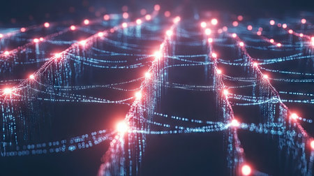 This stunning abstract image features a network of glowing red and blue nodes interconnected by luminous lines, creating a captivating digital backdrop ideal for technology themes.の素材