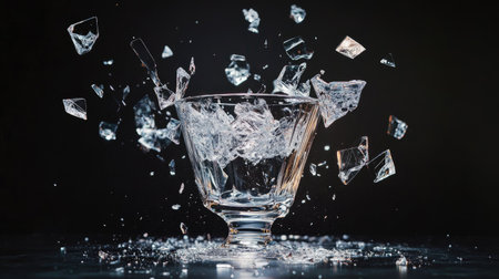 A stunning image of a glass bowl shattering with ice cubes, capturing the moment of explosion against a dark background, showcasing dynamic motion and detail.の素材
