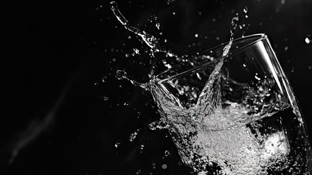 A captivating image of water splashing in a glass, emphasizing motion and energy against a dark background, perfect for illustrating refreshment or hydration concepts.の素材