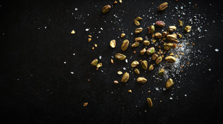 A captivating view of scattered pistachios and sea salt on a dark surface, highlighting the textures and colors of this healthy snack choice.の素材