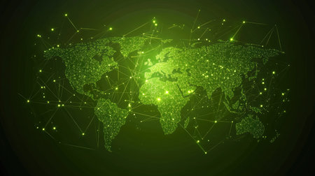 Vibrant green abstract world map composed of dots and lines, symbolizing global connectivity and digital technology. Ideal for thematic design use.の素材