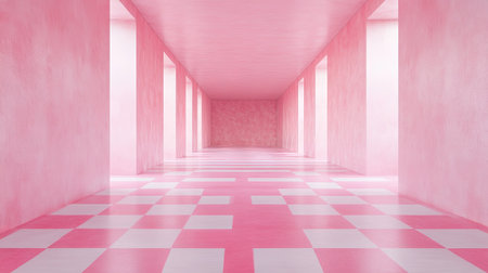 A bright and vibrant pink hallway featuring a checkerboard floor, showcasing minimalistic design and modern architecture. Perfect for creative projects.の素材