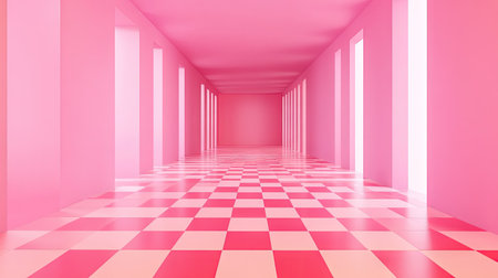 A bright pink hallway featuring a checkerboard floor creates a striking visual scene. The vibrant colors and modern design evoke a sense of space and creativity.の素材