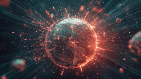 Explore a vibrant depiction of Earth surrounded by glowing particles and dynamic light trails, illustrating energy and motion within a cosmic landscape.の素材