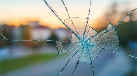A close-up of shattered glass with intricate cracks, set against a blurred outdoor background. The interplay of light and shadow adds an artistic touch.の素材