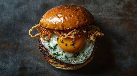 A beautifully presented truffle burger with a fried egg and crispy onions, photographed from above.の素材