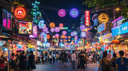 A busy festival street with neon signs and illuminated decorations.の素材